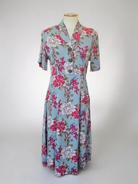 Loco Lindo Vintage Day Dress 1940s Style Floral Rayon Crepe Fit & Flare Womens S